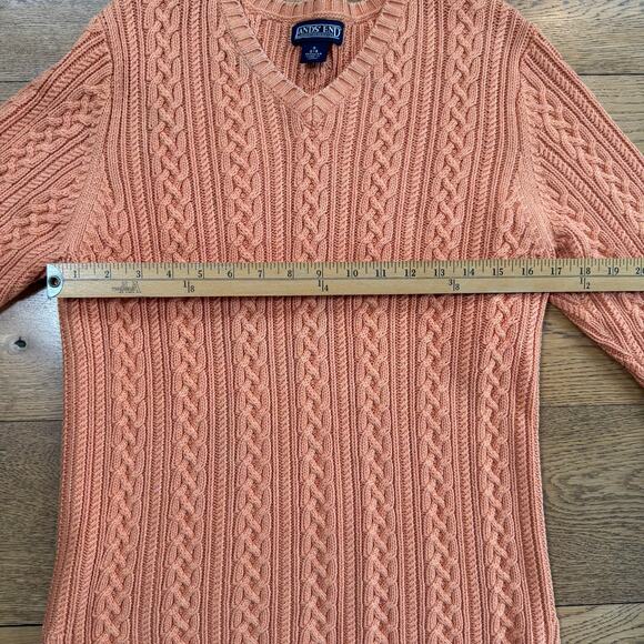 Vintage Lands End Women Cable Knit Sweater SZ S V Neck Orange Classic Fall Cotto - Picture 8 of 10